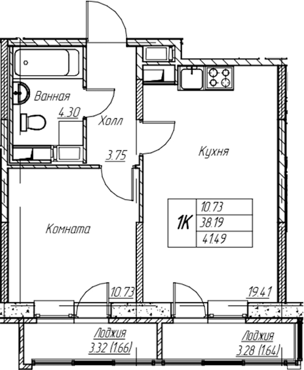 1-комнатная квартира 41.49 м², 9/22 эт., ЖК «Парк-квартал Юнтолово»